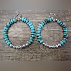 Navajo pearl and rondell turquoise 2 in hoops